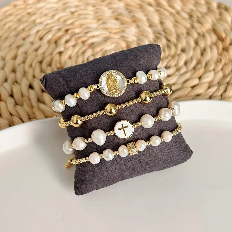 KKBEAD Natürliches Perlenarmband für Damen, modisch, Jungfrau Maria, Guadalupe-Schmuck, 18 Karat vergoldet, wasserdichte Armbänder, Pulseras