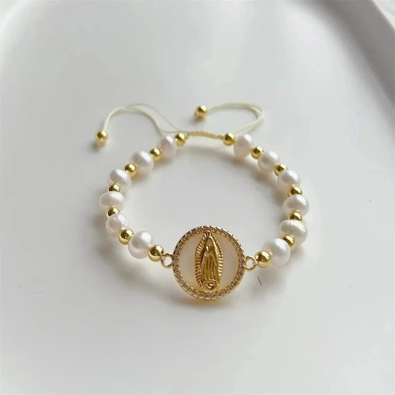 KKBEAD Natürliches Perlenarmband für Damen, modisch, Jungfrau Maria, Guadalupe-Schmuck, 18 Karat vergoldet, wasserdichte Armbänder, Pulseras