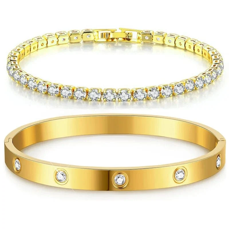 Stapelbare Goldarmbänder, Armreifen für Frauen und Mädchen, 14 Karat vergoldet, Zirkonia, Tennisarmband, Edelstahl, Schmuckgeschenke