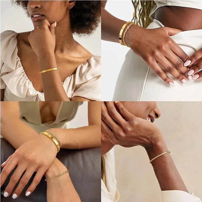 Stapelbare Goldarmbänder, Armreifen für Frauen und Mädchen, 14 Karat vergoldet, Zirkonia, Tennisarmband, Edelstahl, Schmuckgeschenke