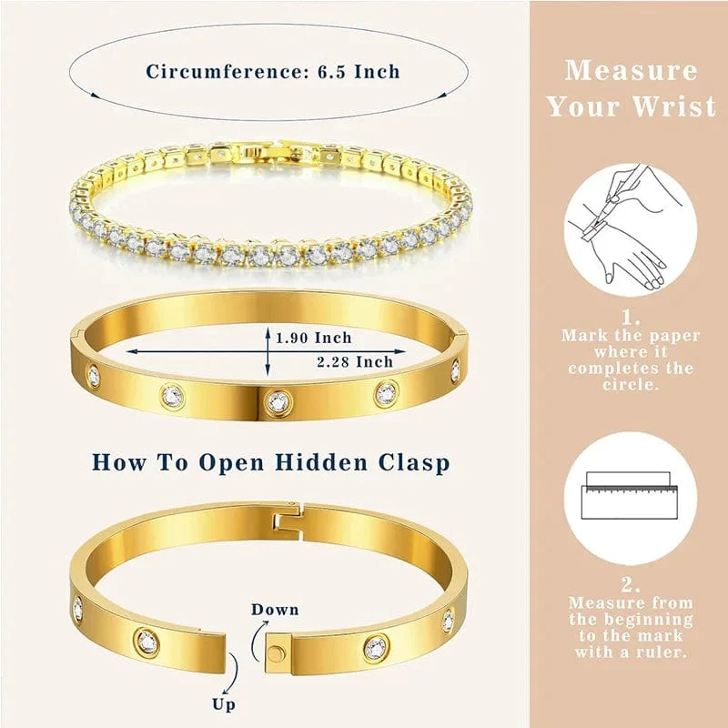 Stapelbare Goldarmbänder, Armreifen für Frauen und Mädchen, 14 Karat vergoldet, Zirkonia, Tennisarmband, Edelstahl, Schmuckgeschenke