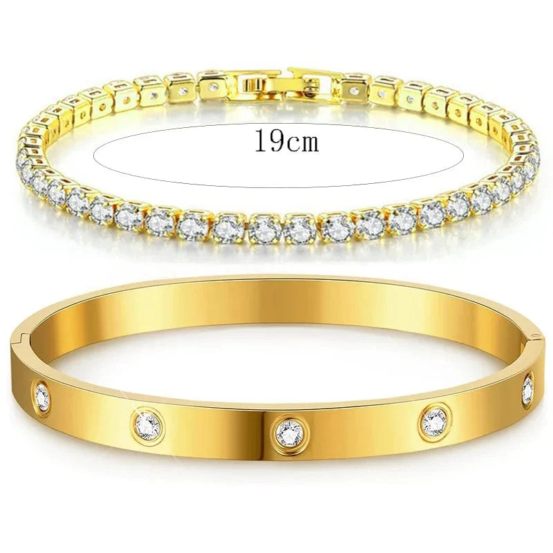 Stapelbare Goldarmbänder, Armreifen für Frauen und Mädchen, 14 Karat vergoldet, Zirkonia, Tennisarmband, Edelstahl, Schmuckgeschenke