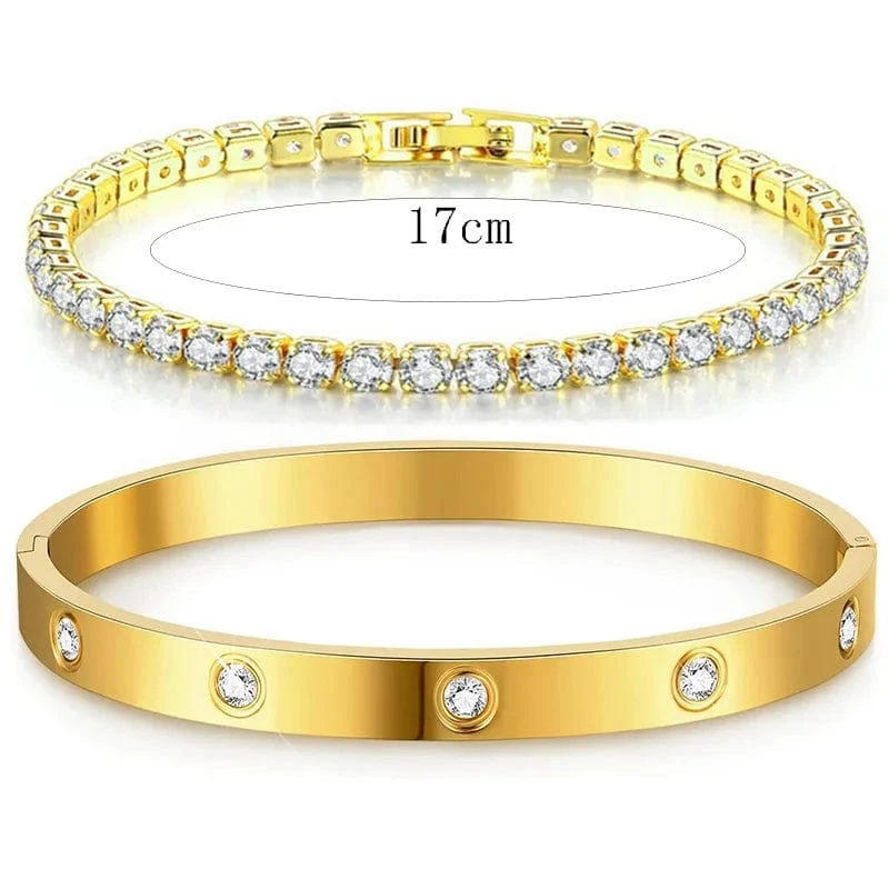 Stapelbare Goldarmbänder, Armreifen für Frauen und Mädchen, 14 Karat vergoldet, Zirkonia, Tennisarmband, Edelstahl, Schmuckgeschenke