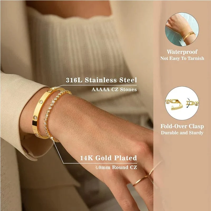 Stapelbare Goldarmbänder, Armreifen für Frauen und Mädchen, 14 Karat vergoldet, Zirkonia, Tennisarmband, Edelstahl, Schmuckgeschenke