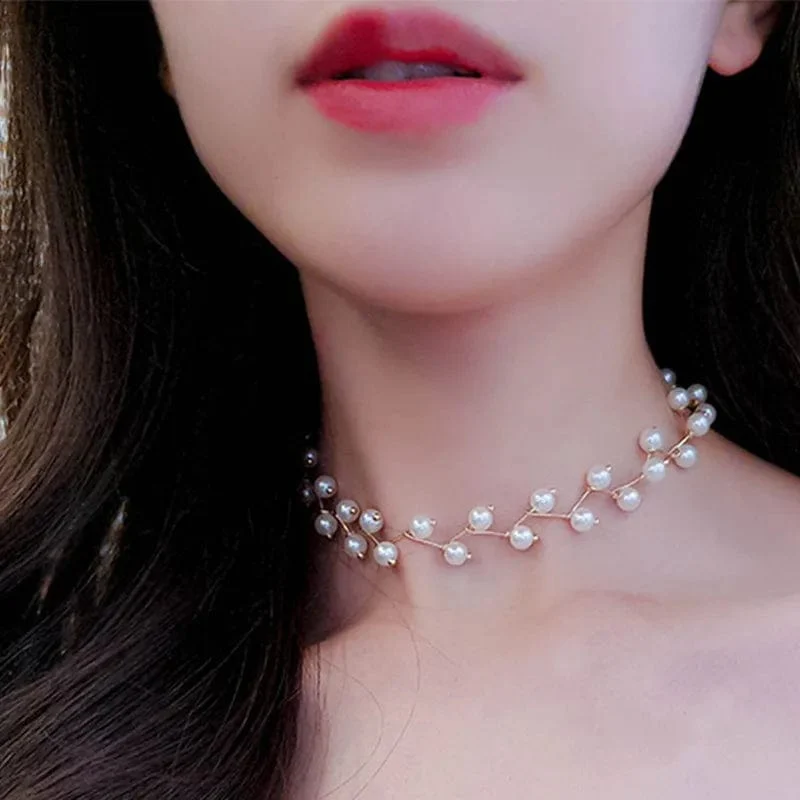 Neue Koreanische Perle Halsketten für Frauen Gold Farbe Link Kette Halsband Mode Hals Zubehör Elegante Kragen bijoux femme