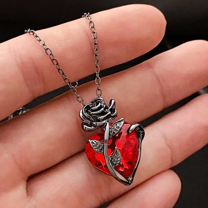 Gothic Rose Rot Liebe Halskette Damen Y2K Grunge Schmuck zierliche Silber Farbe Tonebloody Menschliches Herz Anhänger personalisierte Geschenke