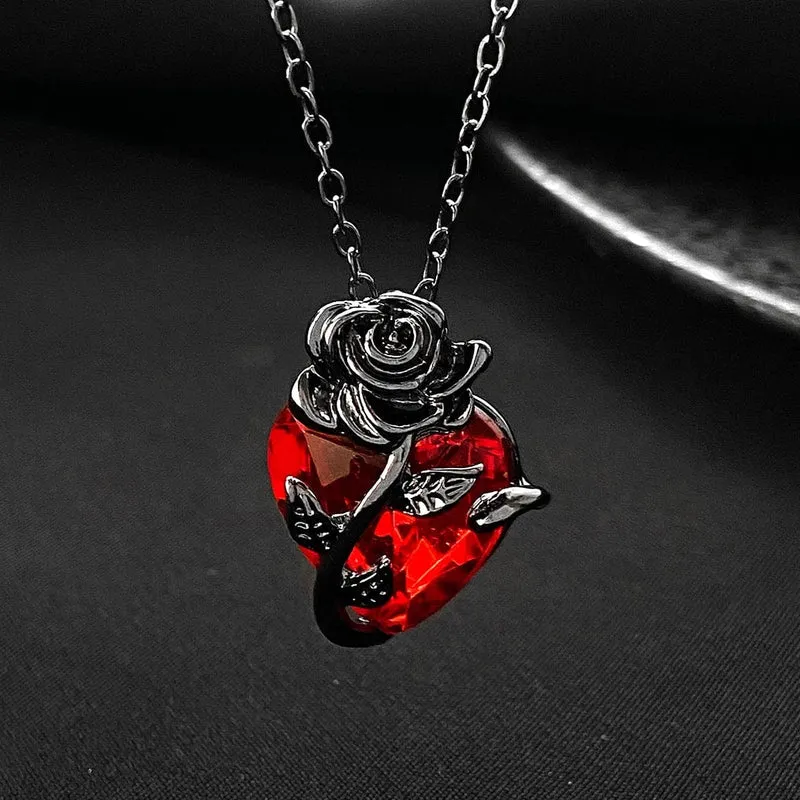 Gothic Rose Rot Liebe Halskette Damen Y2K Grunge Schmuck zierliche Silber Farbe Tonebloody Menschliches Herz Anhänger personalisierte Geschenke