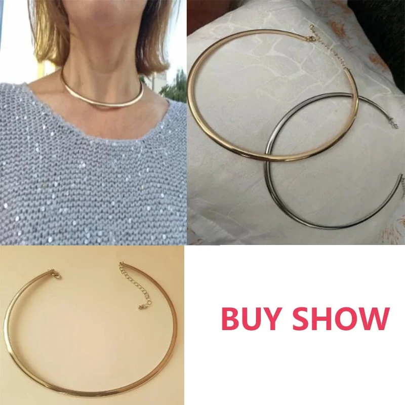 IngeSight.Z Punk-Halskette aus glattem Metall mit runden Drehmomenten für Frauen, schlichte Halskette in Goldfarbe, Party-Schmuck, Geschenk