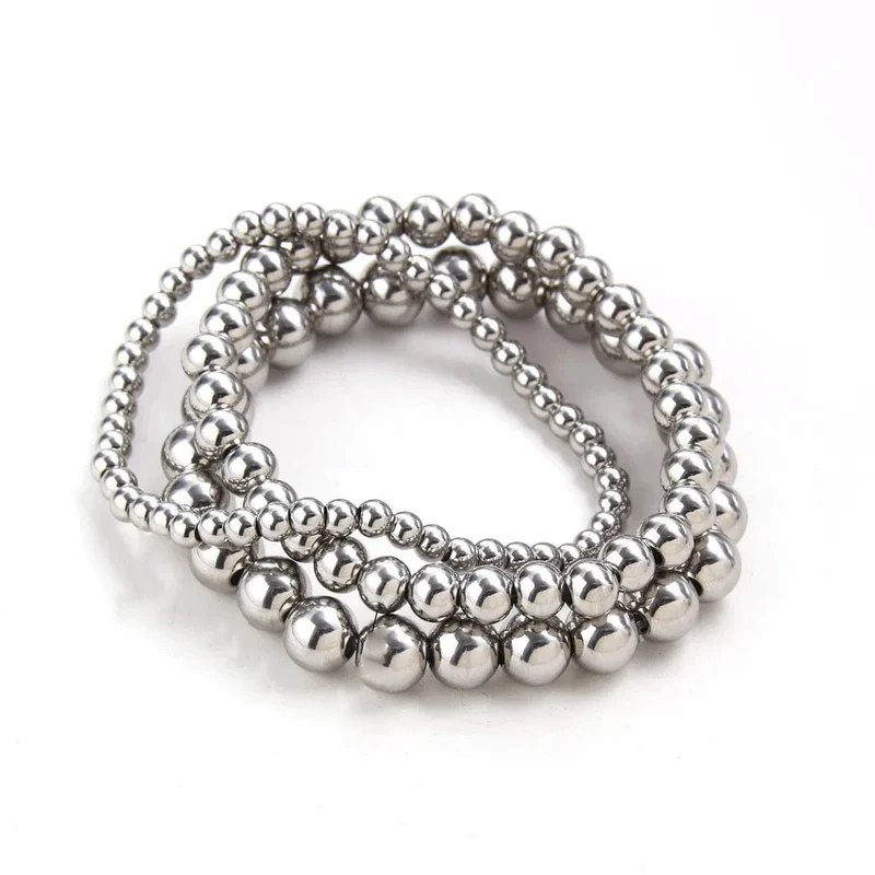 Silber Farbe Elastische Edelstahl Armband Metall Ball 2/4/5/6/8/10mm Perlen kette Armband Für Frauen Männer Hohe Qualität Schmuck