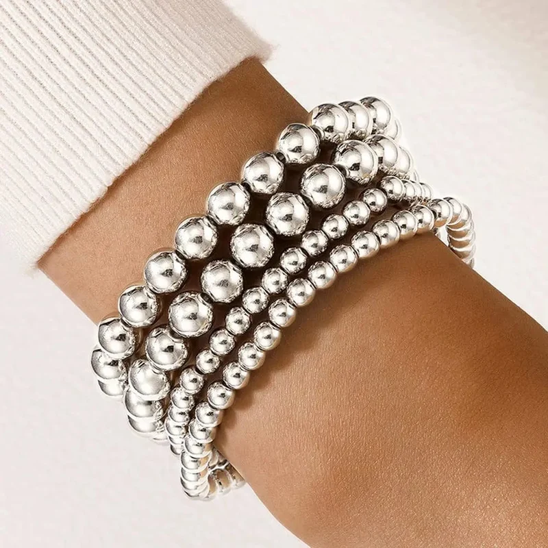 Silber Farbe Elastische Edelstahl Armband Metall Ball 2/4/5/6/8/10mm Perlen kette Armband Für Frauen Männer Hohe Qualität Schmuck