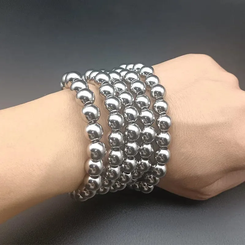 Silber Farbe Elastische Edelstahl Armband Metall Ball 2/4/5/6/8/10mm Perlen kette Armband Für Frauen Männer Hohe Qualität Schmuck