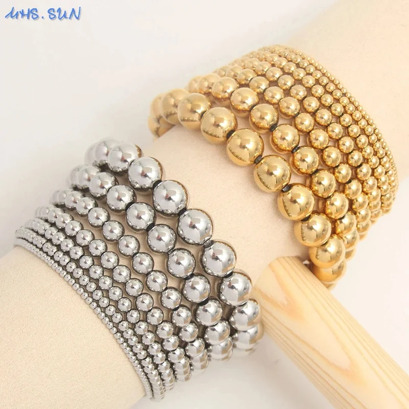 Silber Farbe Elastische Edelstahl Armband Metall Ball 2/4/5/6/8/10mm Perlen kette Armband Für Frauen Männer Hohe Qualität Schmuck