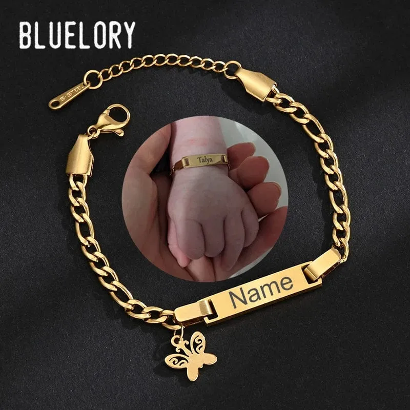Bluelory Benutzerdefinierte Neugeborenen Name ID Bar Armband Für Kinder Edelstahl Gravierte Datum Symbol Baby Armband Mit Herz Geburtstag Geschenk