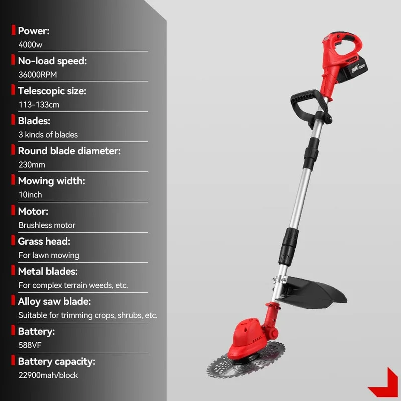 10 Zoll 4000W bürstenloser elektrischer Rasenmäher 36000RPM kabelloser Rasentrimmer Längenverstellbare Gartengeräte für Makita 18V Batterie