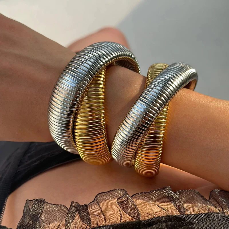 Edelstahl Zwei Drei Runden Wicklung Stretch Elastisches Armband für Frauen Vergoldung Kpop Geschenk