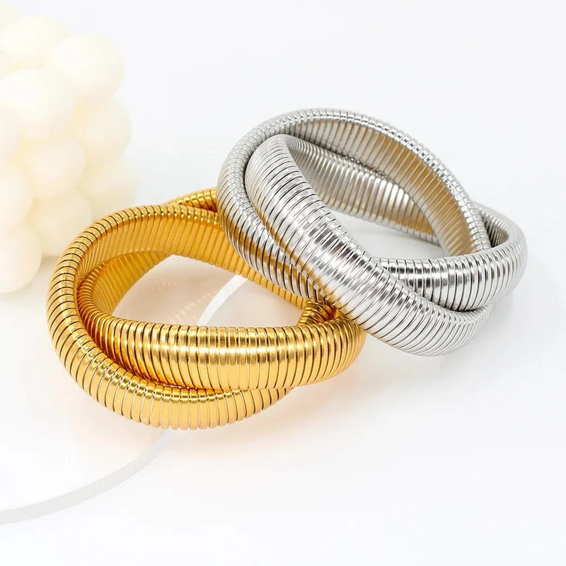 Edelstahl Zwei Drei Runden Wicklung Stretch Elastisches Armband für Frauen Vergoldung Kpop Geschenk