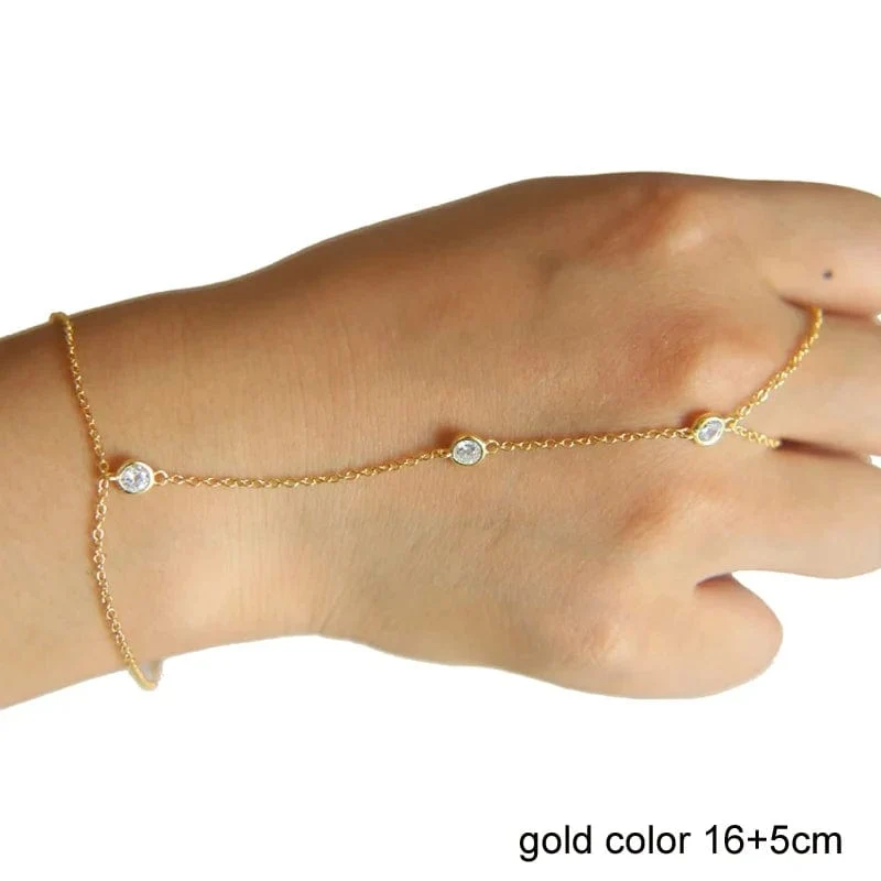Hochwertiges 925 Sterling Silber Gold Farbe Micro Pave CZ Station Charm Kettenarmband mit Ring Mode Handgelenk Schmuck für Frauen