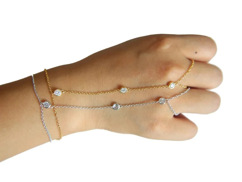 Hochwertiges 925 Sterling Silber Gold Farbe Micro Pave CZ Station Charm Kettenarmband mit Ring Mode Handgelenk Schmuck für Frauen