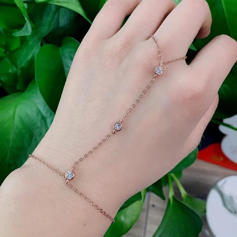 Hochwertiges 925 Sterling Silber Gold Farbe Micro Pave CZ Station Charm Kettenarmband mit Ring Mode Handgelenk Schmuck für Frauen