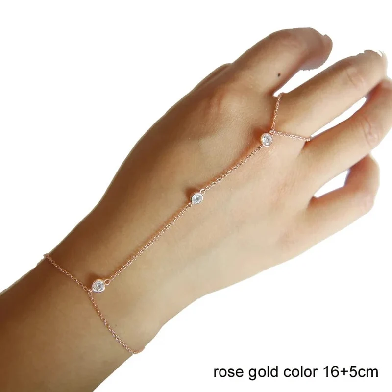 Hochwertiges 925 Sterling Silber Gold Farbe Micro Pave CZ Station Charm Kettenarmband mit Ring Mode Handgelenk Schmuck für Frauen