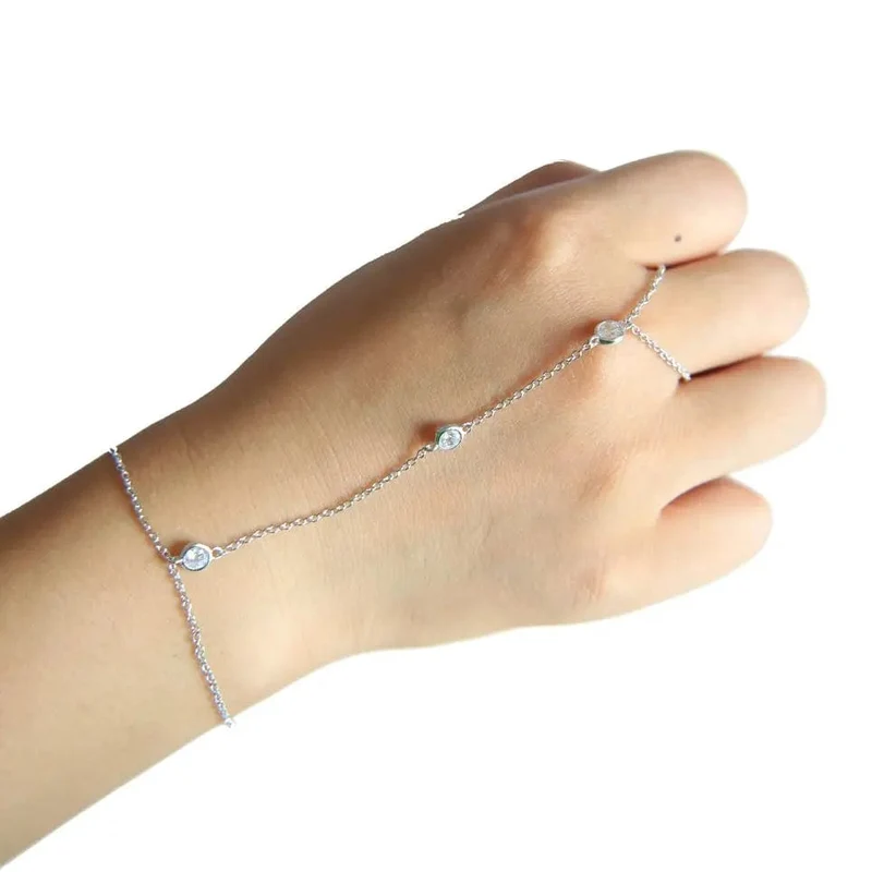 Hochwertiges 925 Sterling Silber Gold Farbe Micro Pave CZ Station Charm Kettenarmband mit Ring Mode Handgelenk Schmuck für Frauen
