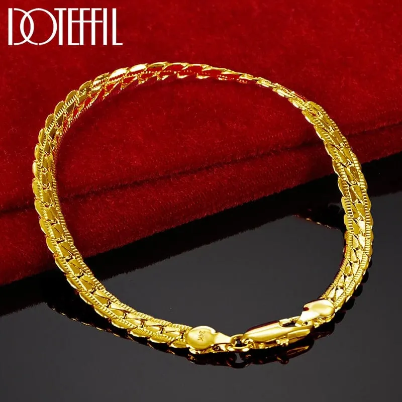 DOTEFFIL 925 Sterling Silber 24K Gold 6mm 18/19/20cm Flache Seite Kette Armband Für Frau Mann Hochzeit Engagement Schmuck