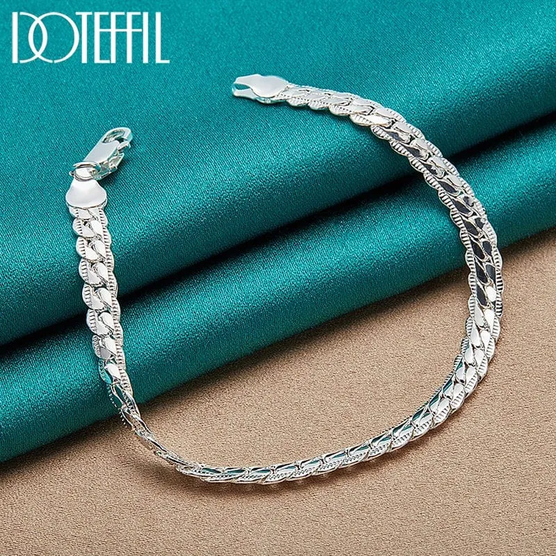 DOTEFFIL 925 Sterling Silber 24K Gold 6mm 18/19/20cm Flache Seite Kette Armband Für Frau Mann Hochzeit Engagement Schmuck