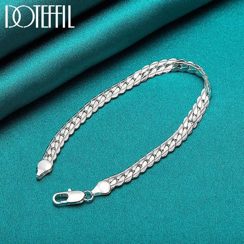 DOTEFFIL 925 Sterling Silber 24K Gold 6mm 18/19/20cm Flache Seite Kette Armband Für Frau Mann Hochzeit Engagement Schmuck
