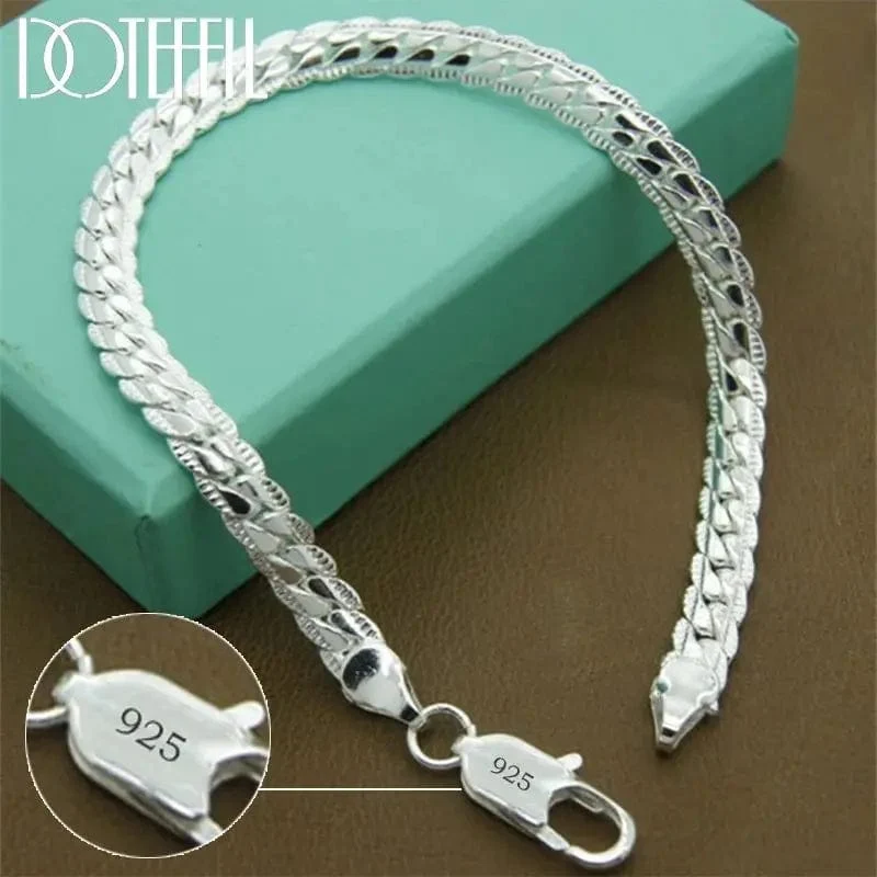 DOTEFFIL 925 Sterling Silber 24K Gold 6mm 18/19/20cm Flache Seite Kette Armband Für Frau Mann Hochzeit Engagement Schmuck