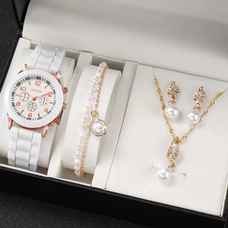 5/2-teiliges Set mit Luxus-Armbanduhren für Damen, Ring, Halskette, Ohrringe, Strasssteinen, lässige Damenuhren, Armbanduhr (ohne Box)