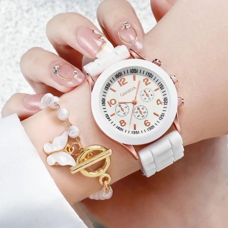 5/2-teiliges Set mit Luxus-Armbanduhren für Damen, Ring, Halskette, Ohrringe, Strasssteinen, lässige Damenuhren, Armbanduhr (ohne Box)