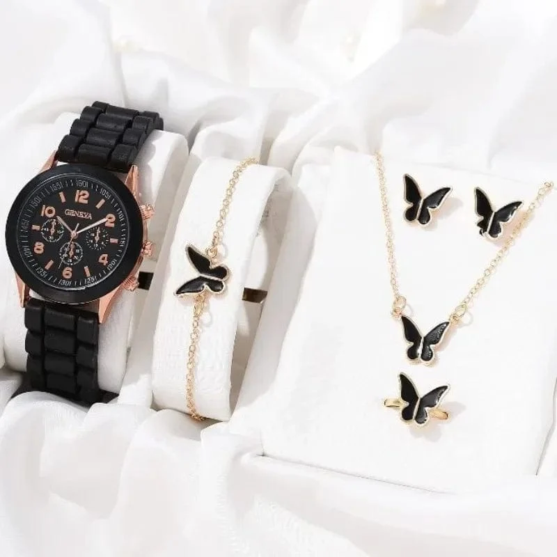 5/2-teiliges Set mit Luxus-Armbanduhren für Damen, Ring, Halskette, Ohrringe, Strasssteinen, lässige Damenuhren, Armbanduhr (ohne Box)