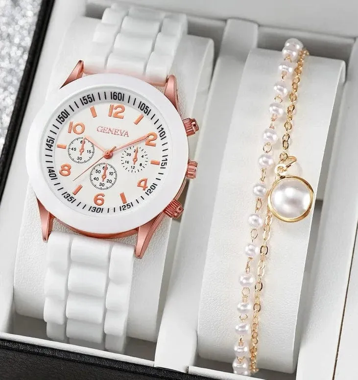5/2-teiliges Set mit Luxus-Armbanduhren für Damen, Ring, Halskette, Ohrringe, Strasssteinen, lässige Damenuhren, Armbanduhr (ohne Box)