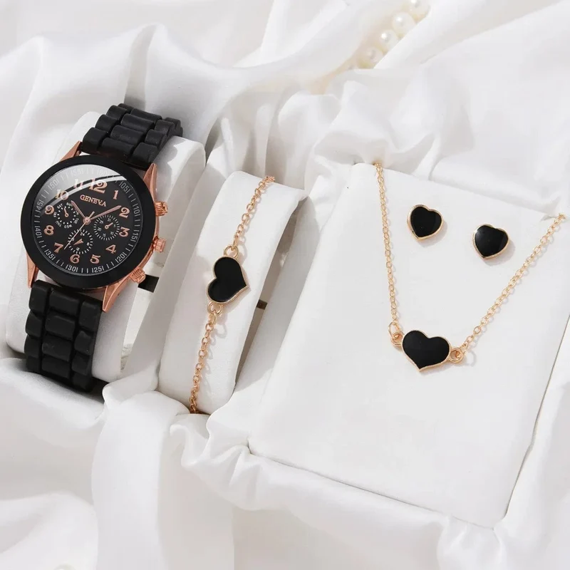 5/2-teiliges Set mit Luxus-Armbanduhren für Damen, Ring, Halskette, Ohrringe, Strasssteinen, lässige Damenuhren, Armbanduhr (ohne Box)