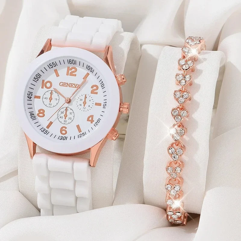 5/2-teiliges Set mit Luxus-Armbanduhren für Damen, Ring, Halskette, Ohrringe, Strasssteinen, lässige Damenuhren, Armbanduhr (ohne Box)