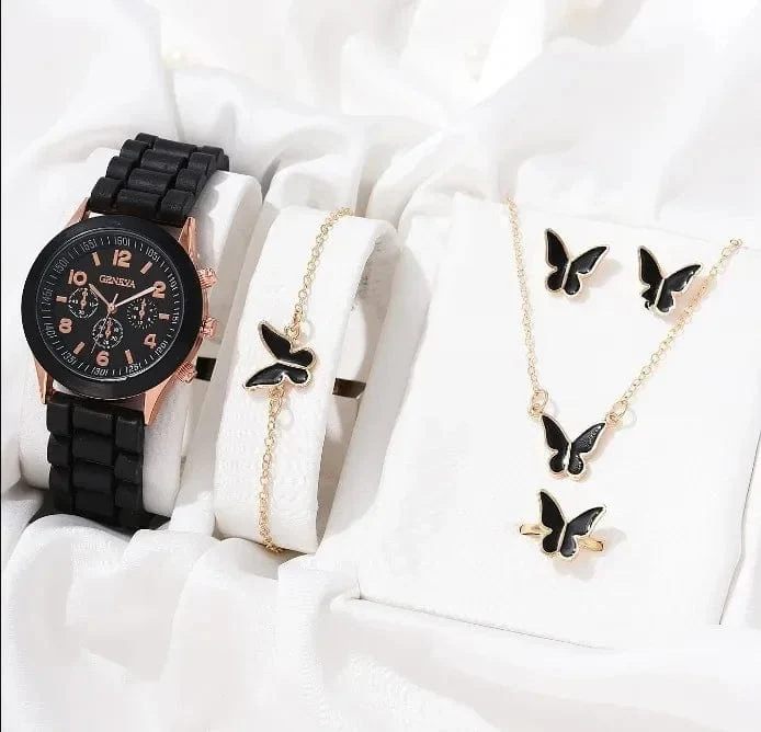 5/2-teiliges Set mit Luxus-Armbanduhren für Damen, Ring, Halskette, Ohrringe, Strasssteinen, lässige Damenuhren, Armbanduhr (ohne Box)