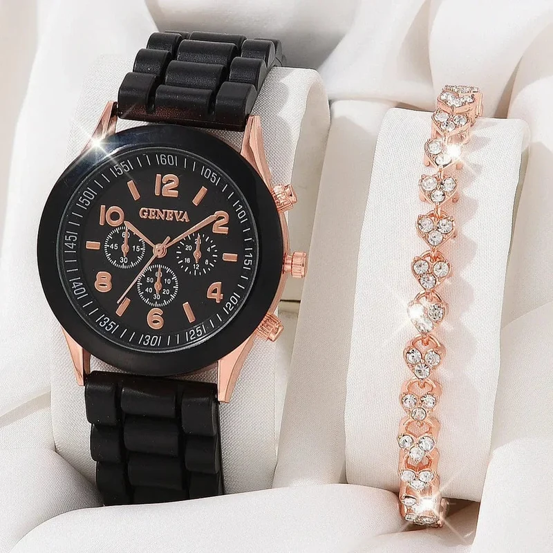 5/2-teiliges Set mit Luxus-Armbanduhren für Damen, Ring, Halskette, Ohrringe, Strasssteinen, lässige Damenuhren, Armbanduhr (ohne Box)