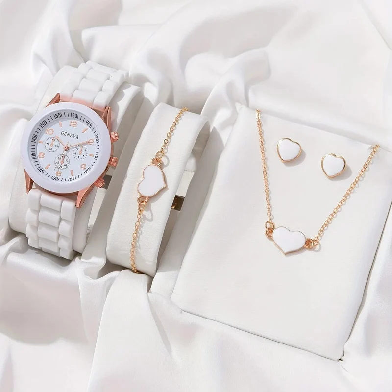 5/2-teiliges Set mit Luxus-Armbanduhren für Damen, Ring, Halskette, Ohrringe, Strasssteinen, lässige Damenuhren, Armbanduhr (ohne Box)