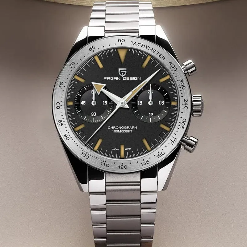PAGANI DESIGN 2023 Herrenuhr Mond Quarzuhr Herren Speed ​​Sport wasserdicht Chronograph AR Saphir VK64 Stahl Retro Leuchtuhr