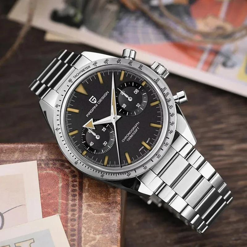 PAGANI DESIGN 2023 Herrenuhr Mond Quarzuhr Herren Speed ​​Sport wasserdicht Chronograph AR Saphir VK64 Stahl Retro Leuchtuhr
