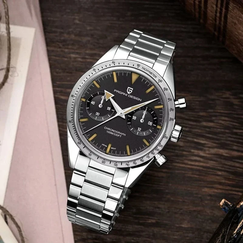 PAGANI DESIGN 2023 Herrenuhr Mond Quarzuhr Herren Speed ​​Sport wasserdicht Chronograph AR Saphir VK64 Stahl Retro Leuchtuhr
