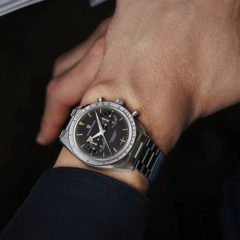 PAGANI DESIGN 2023 Herrenuhr Mond Quarzuhr Herren Speed ​​Sport wasserdicht Chronograph AR Saphir VK64 Stahl Retro Leuchtuhr