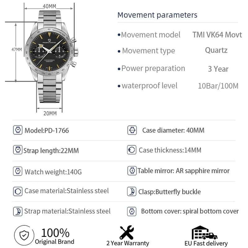 PAGANI DESIGN 2023 Herrenuhr Mond Quarzuhr Herren Speed ​​Sport wasserdicht Chronograph AR Saphir VK64 Stahl Retro Leuchtuhr