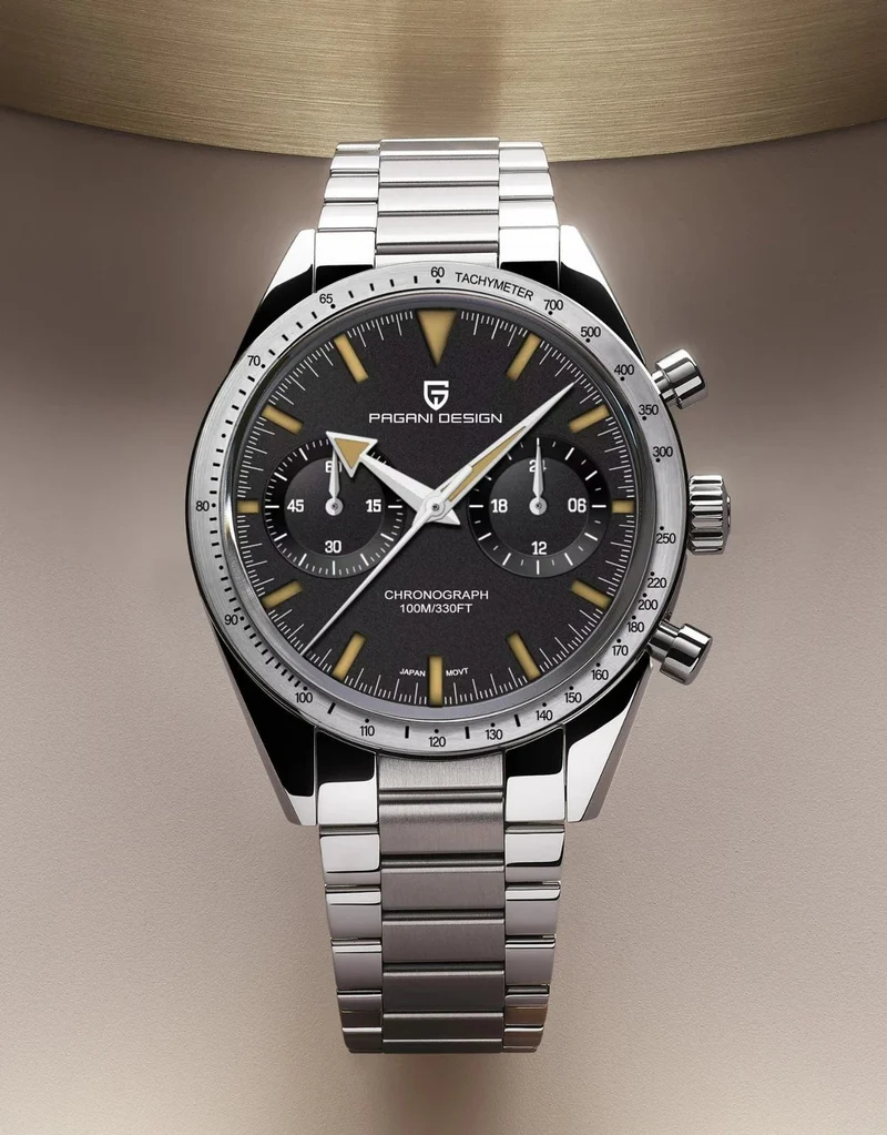 PAGANI DESIGN 2023 Herrenuhr Mond Quarzuhr Herren Speed ​​Sport wasserdicht Chronograph AR Saphir VK64 Stahl Retro Leuchtuhr
