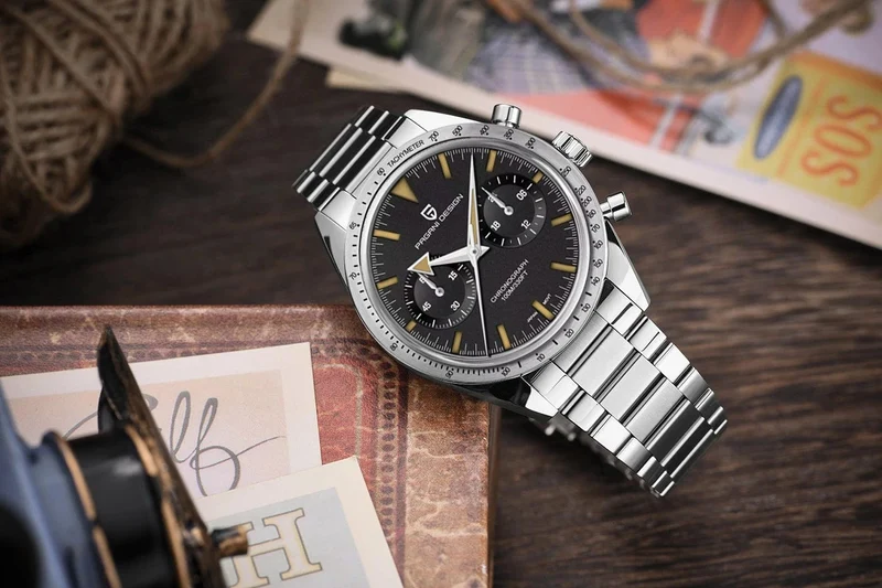 PAGANI DESIGN 2023 Herrenuhr Mond Quarzuhr Herren Speed ​​Sport wasserdicht Chronograph AR Saphir VK64 Stahl Retro Leuchtuhr