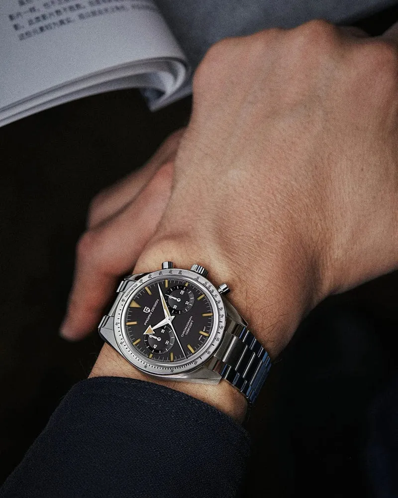 PAGANI DESIGN 2023 Herrenuhr Mond Quarzuhr Herren Speed ​​Sport wasserdicht Chronograph AR Saphir VK64 Stahl Retro Leuchtuhr