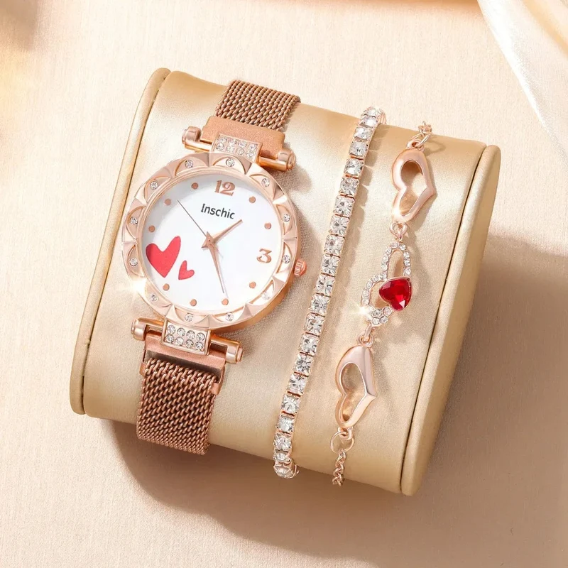 3 STÜCKE Neue Damenmode Digitale Rhindiamonds Faul Legierung Mit Quarzuhr Luxus Rubin Liebe Armband Geburtstagsgeschenk Set