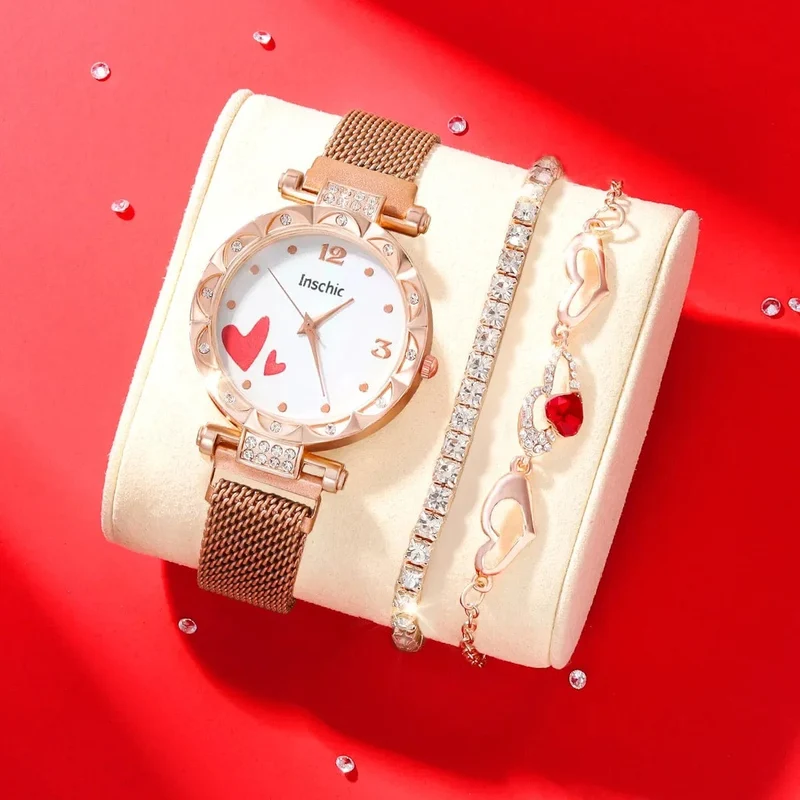 3 STÜCKE Neue Damenmode Digitale Rhindiamonds Faul Legierung Mit Quarzuhr Luxus Rubin Liebe Armband Geburtstagsgeschenk Set