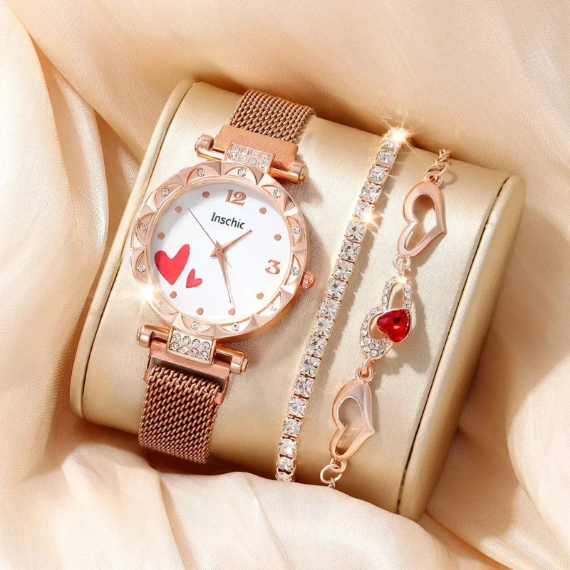 3 STÜCKE Neue Damenmode Digitale Rhindiamonds Faul Legierung Mit Quarzuhr Luxus Rubin Liebe Armband Geburtstagsgeschenk Set