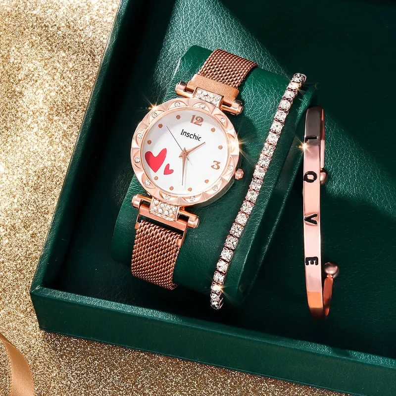 3 STÜCKE Neue Damenmode Digitale Rhindiamonds Faul Legierung Mit Quarzuhr Luxus Rubin Liebe Armband Geburtstagsgeschenk Set